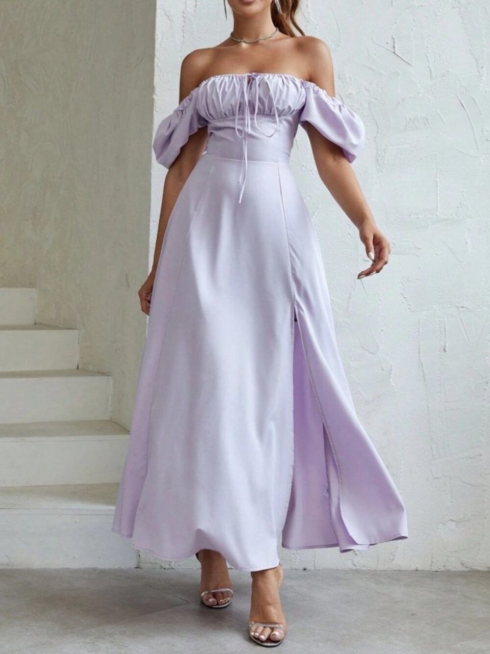 Lavender Off Shoulder Puff Sleeve Maxi Dress with Front Slit